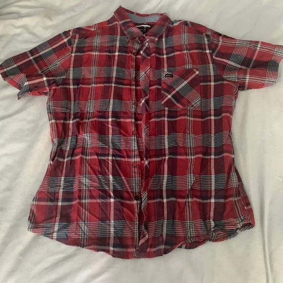 Rvca Men’s size large short sleeve button down shirt plaid red navy cream gray - Picture 1 of 8